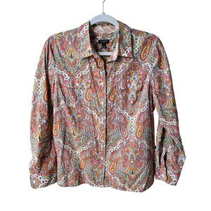 Talbots Western Aztec Boho Artsy Button Blouse Top Womens Size 12 Petite